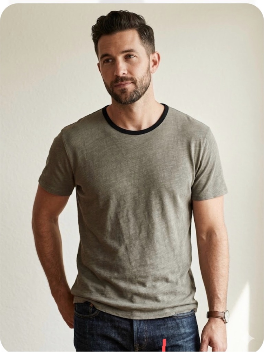 rag & bone Short-Sleeve Tee in Olive with Black Trim